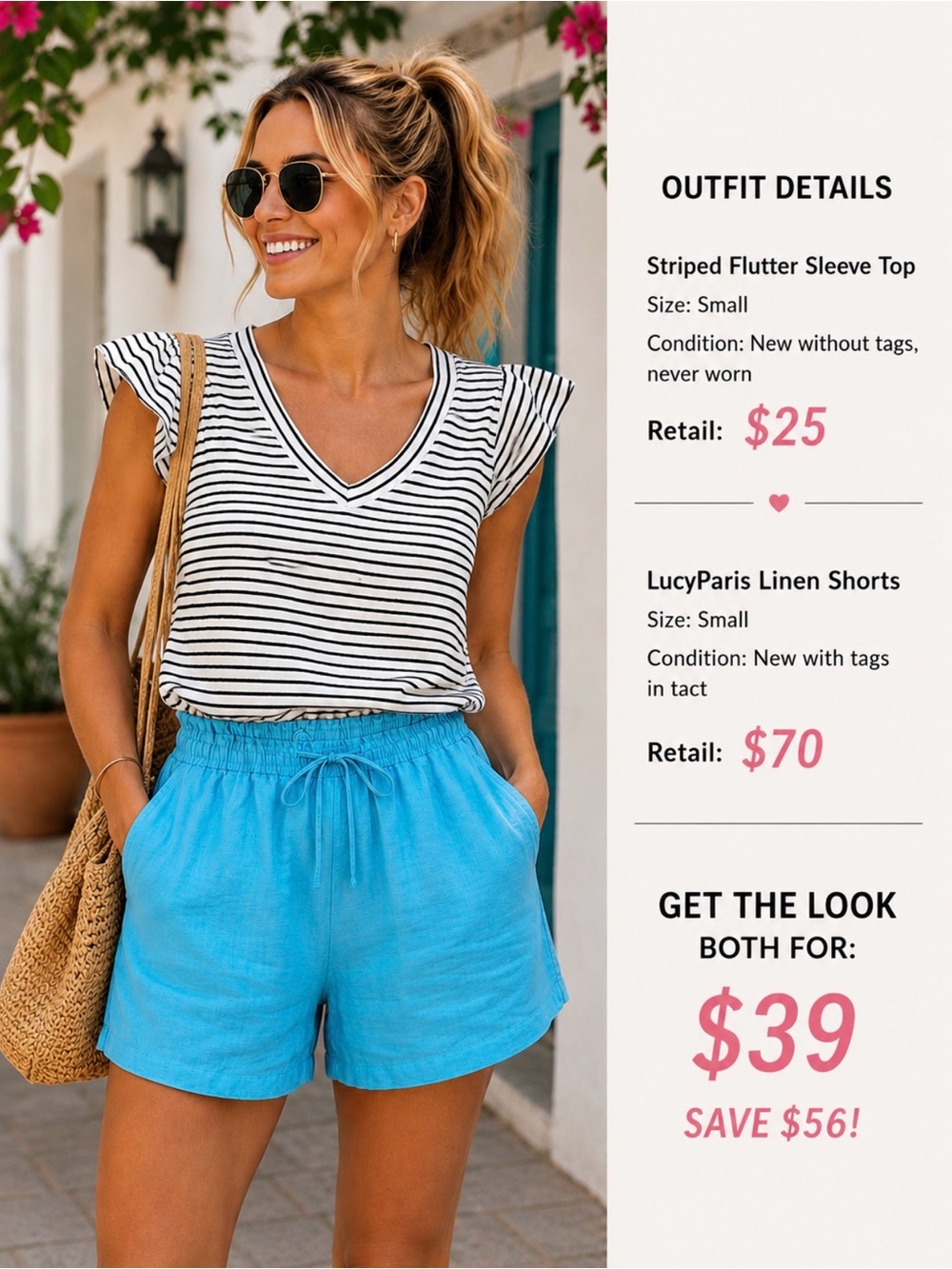 NWT Lucy Paris blue High-Waist Linen Shorts with ruffle cap short sleeve top(S)